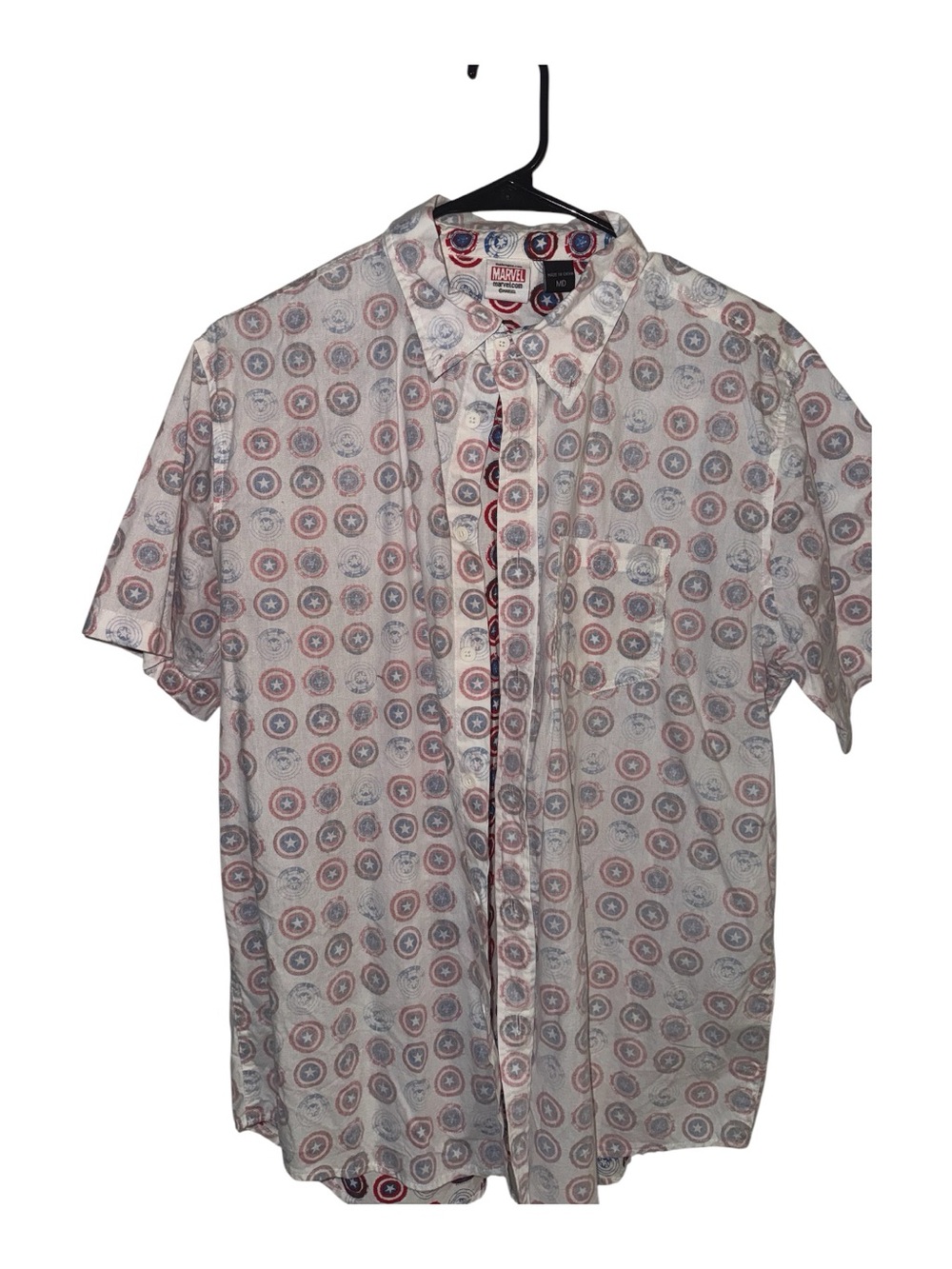 Marvel Short-Sleeve Button-Down Shirt - White with Red & Blue Shield Pattern